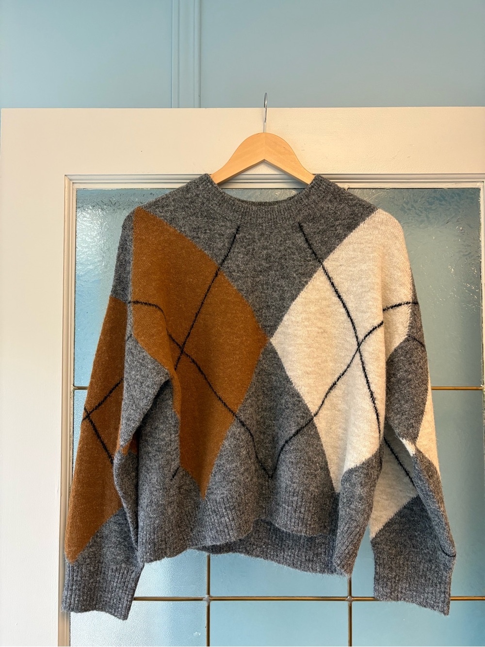 Marks & Spencer Gray, Brown & Cream Argyle Crewneck Sweater